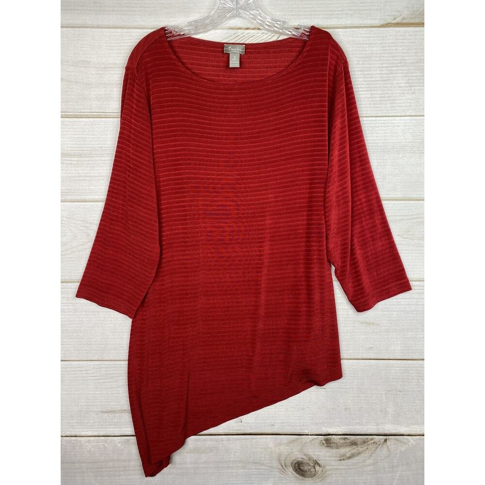 Chico's Traveler Top Sz 3 Womens XL Red Tunic Asymmetrical Hem Stiped Stretch